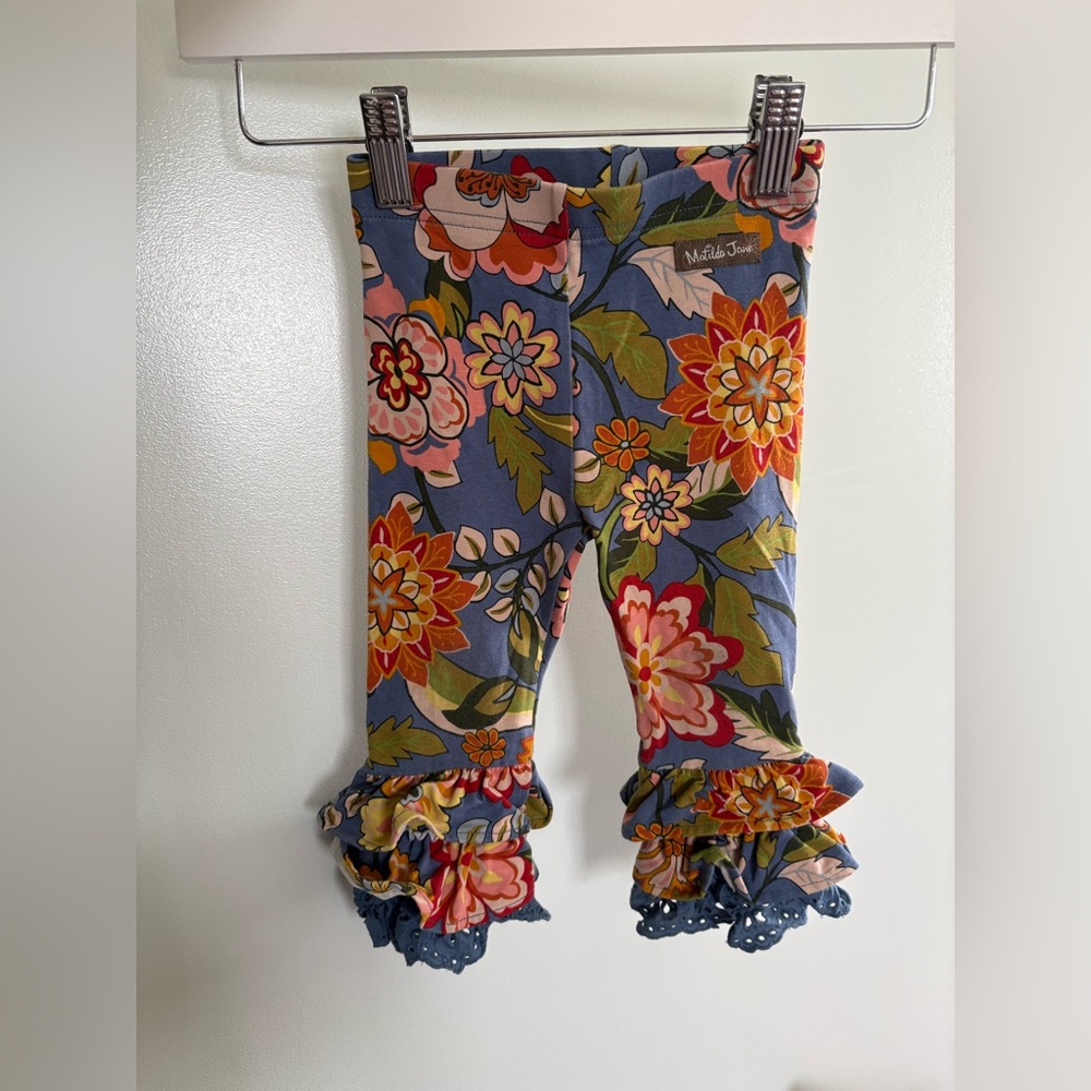 Matilda Jane Blue Floral Ruffle Leggings with Multicolor Blooms